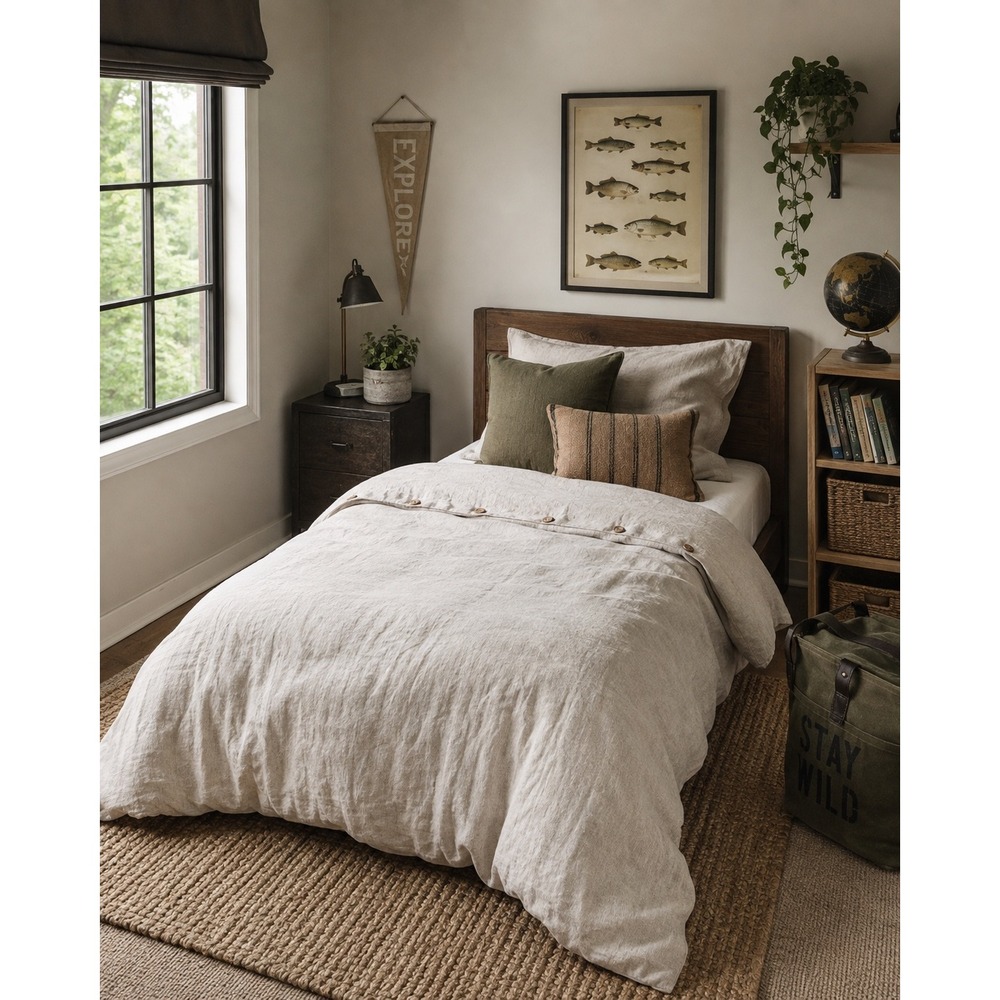 Baloo 100% French Flax Linen Duvet Cover Small Oatmeal Beige Wood Buttons Twin